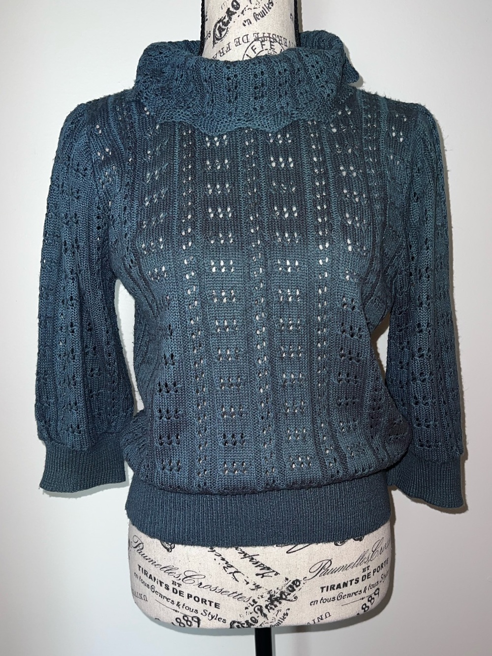 Vintage Open Knit Cowl Neck Sweater Puff 3/4 Sleeve Teal Green Cottagecore Med